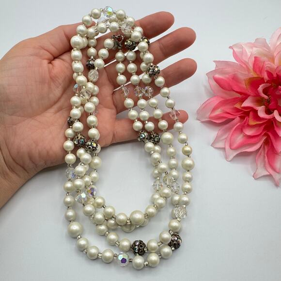 Vintage Judy Lee Long Faux Pearl AB Filigree Bead Single Strand Necklace Flapper - Picture 2 of 16